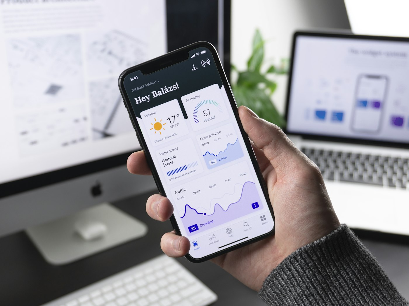 Product screens on a desk